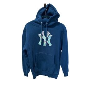 New York Yankees Navy Blue Floral Logo Pullover Hoodie Womens MLB Fan Gear